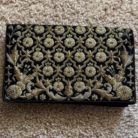 Handbags - Elegant Black Clutch with Gold Embroidery